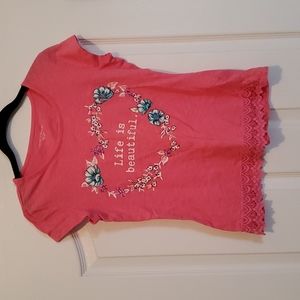 Girls graphic tee. Pink with floral heart design.  Size XL 16